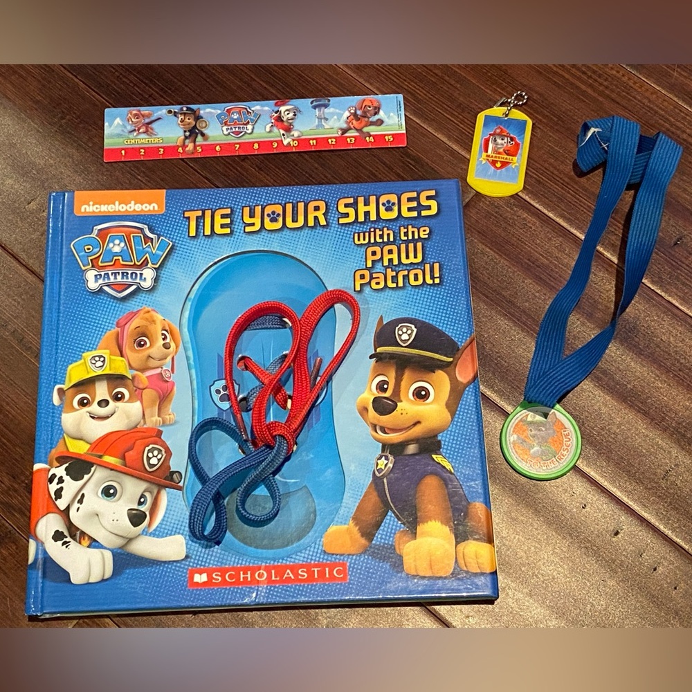 Paw Patrol tie your shoes hardcover book, keychain, ruler / bookmark & necklace